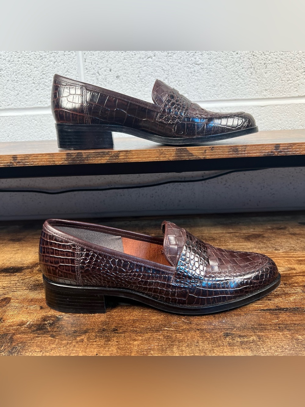 Pappagallo Penny Loafers Leatger Brown Croc Low Stack Heel Brazil Made women's 8